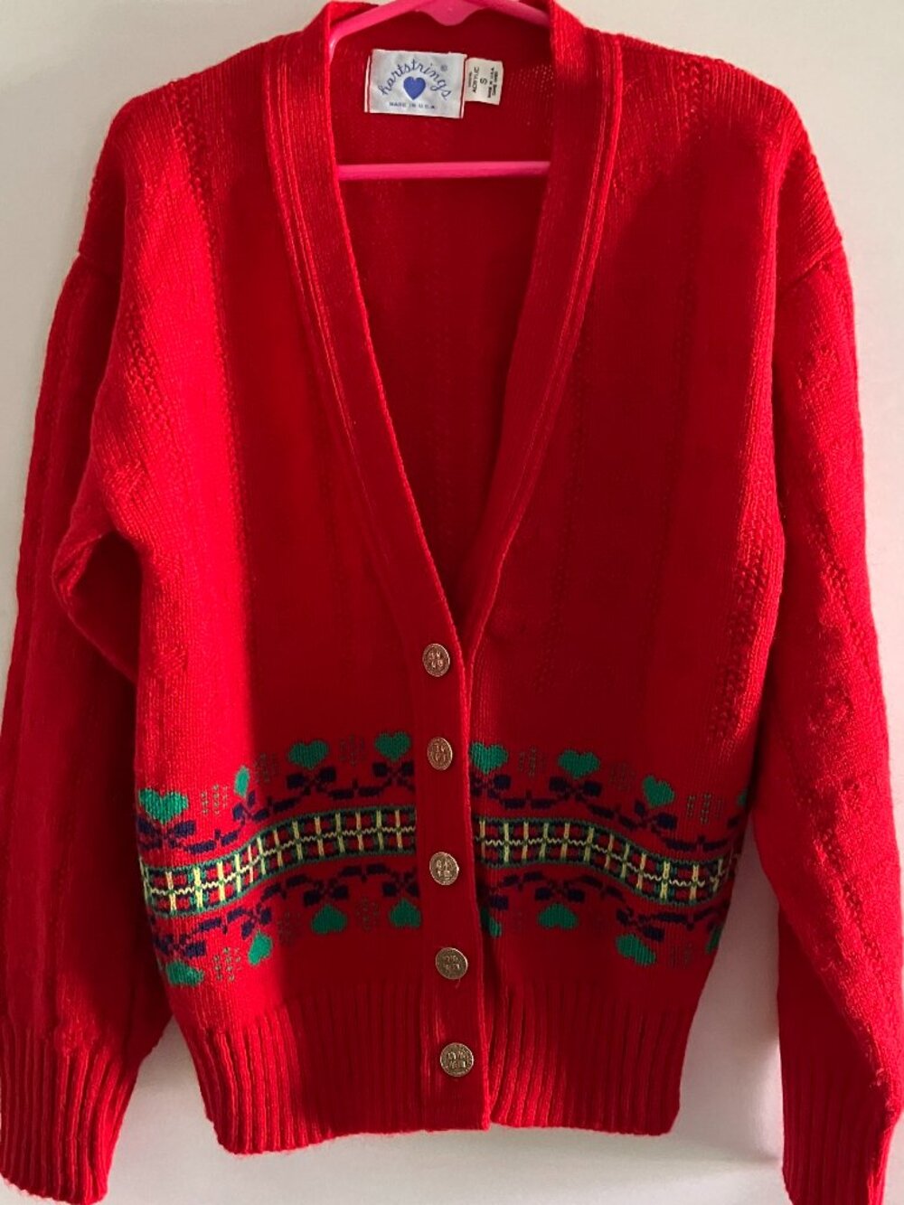 Vintage Hartstrings Red Cardigan with Green Hearts Size Small (Size 5/6 Youth?)